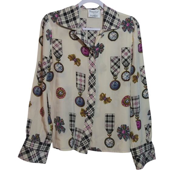 Francesca of Damon Vintage 80s Silk Plaid Pocket Watch Print Chic Preppy Size 8 - Picture 1 of 10